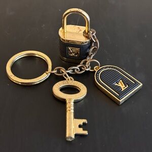 LV lock and key bag charm or key chain in gold tone w blue accents unisex style